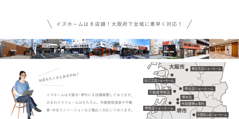 イズホームは8店舗！大阪府下全域に素早く対応！
      イズホームは大阪市・堺市に8店舗展開しております。
      水まわりリフォームはもちろん、外壁屋根塗装や不動産・中古リノベーションなど幅広く対応しております。